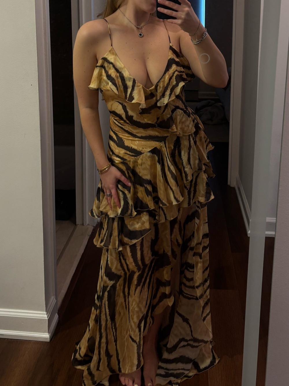 Ronny Kobo Tiered Ruffle Maxi Dress in Brown & Black Animal Stripe